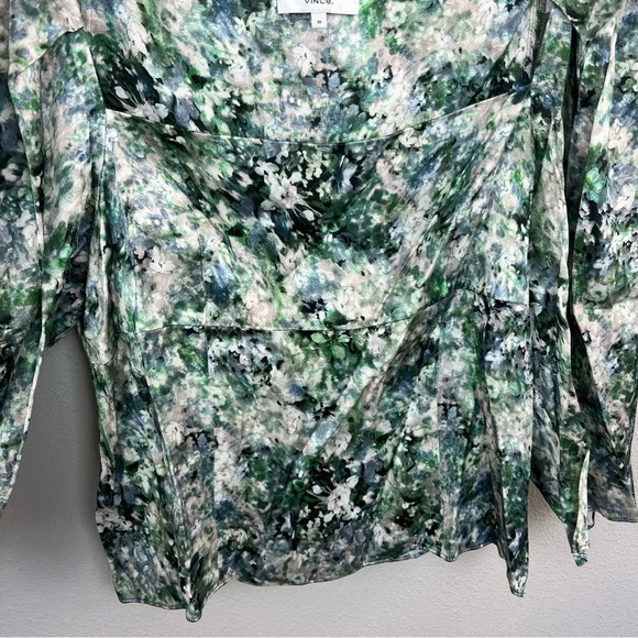 NWOT Vince Painted Floral Square Neck Blouse Herb Green Blue White 3/4 Sleeve 10 - Picture 8 of 12